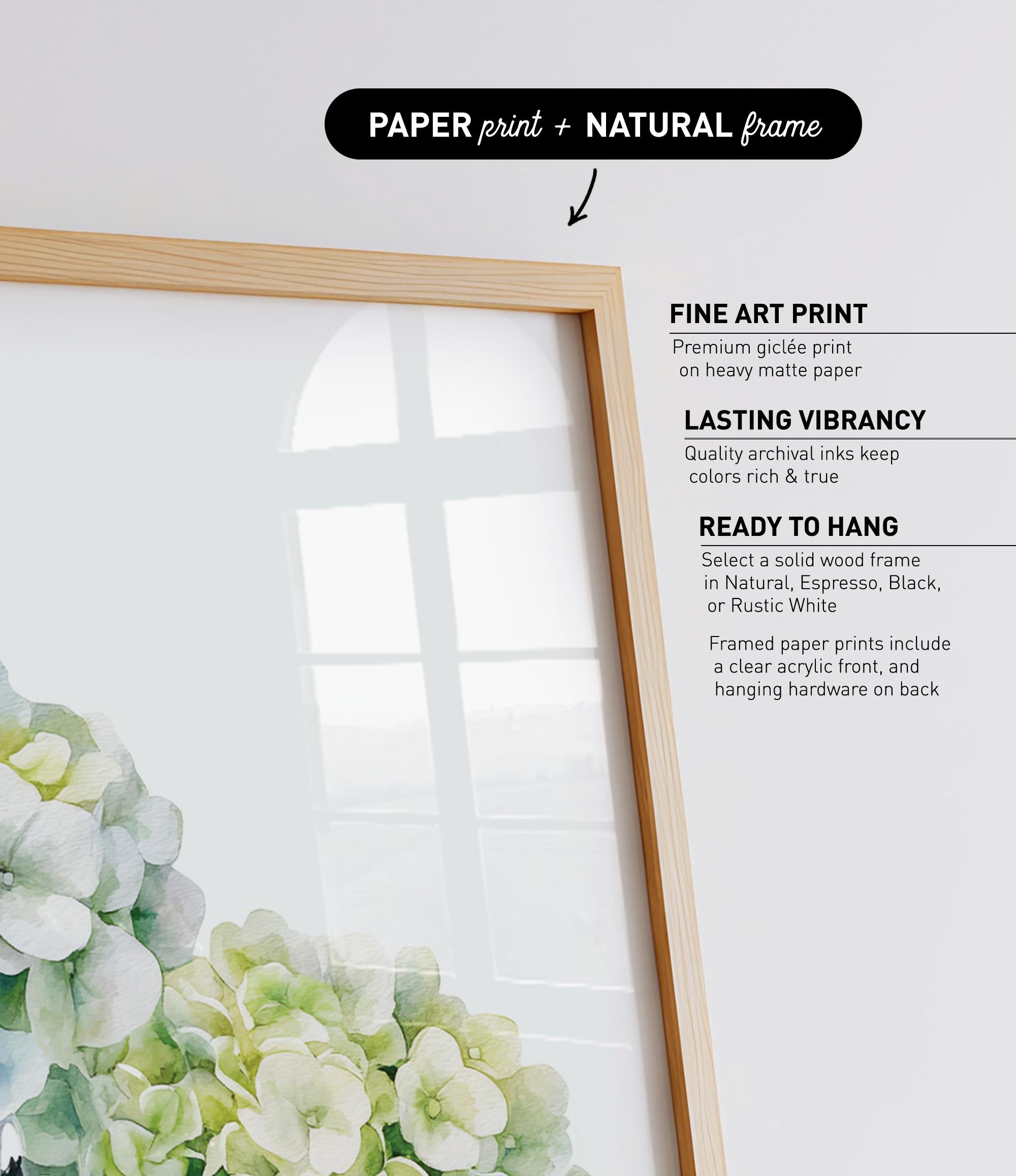 a framed print with a natural frame, showcasing a watercolor painting of green hydrangeas.