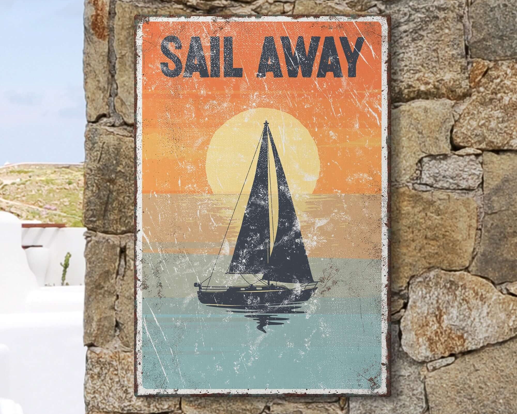 a sail away sign on a stone wall