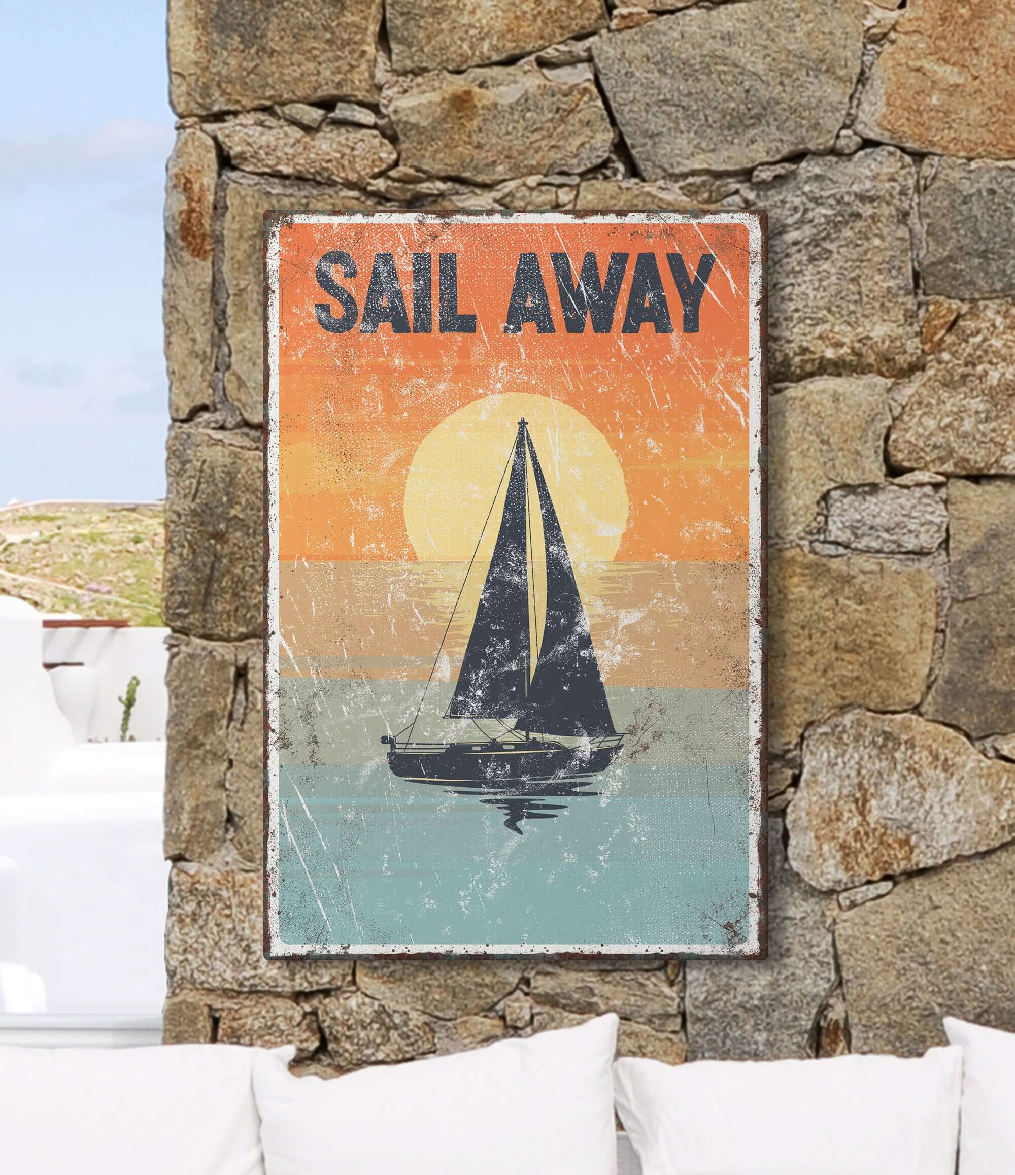 a sail away sign on a stone wall