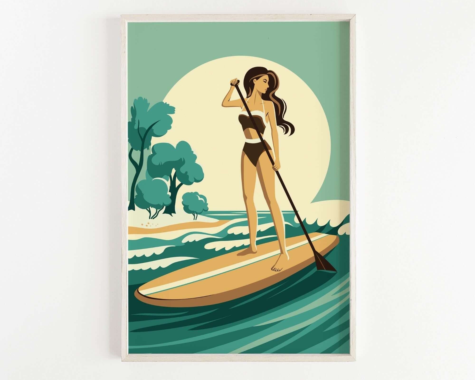 A woman in a black bikini is paddleboarding on a turquoise ocean, holding a paddle and standing on a surfboard.