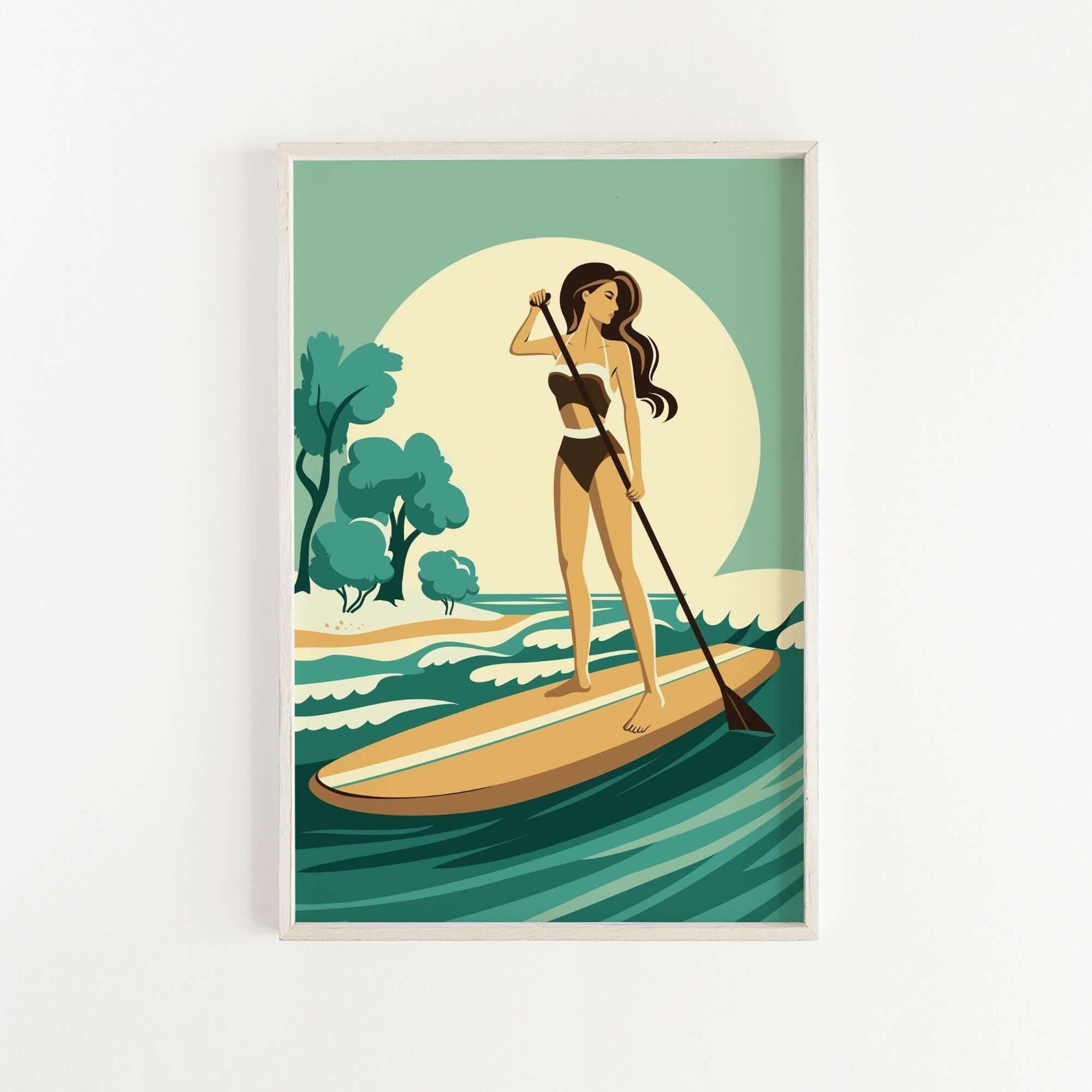 A woman in a black bikini is paddleboarding on a turquoise ocean, holding a paddle and standing on a surfboard.