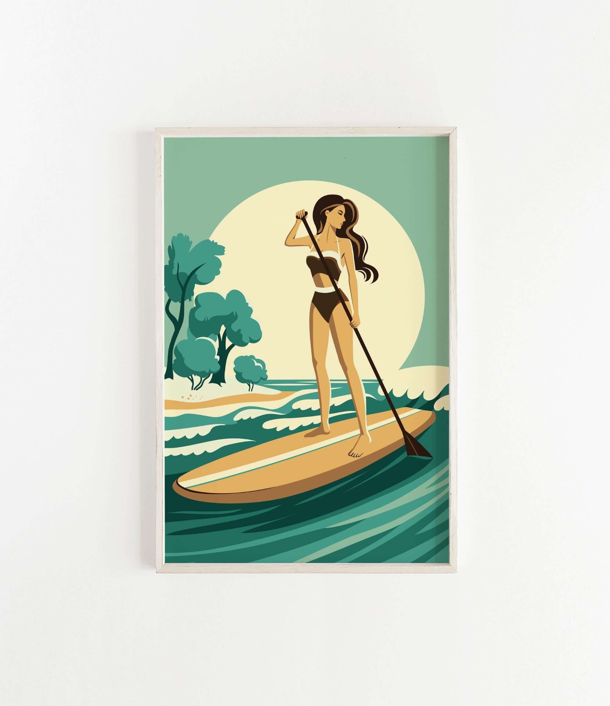 A woman in a black bikini is paddleboarding on a turquoise ocean, holding a paddle and standing on a surfboard.