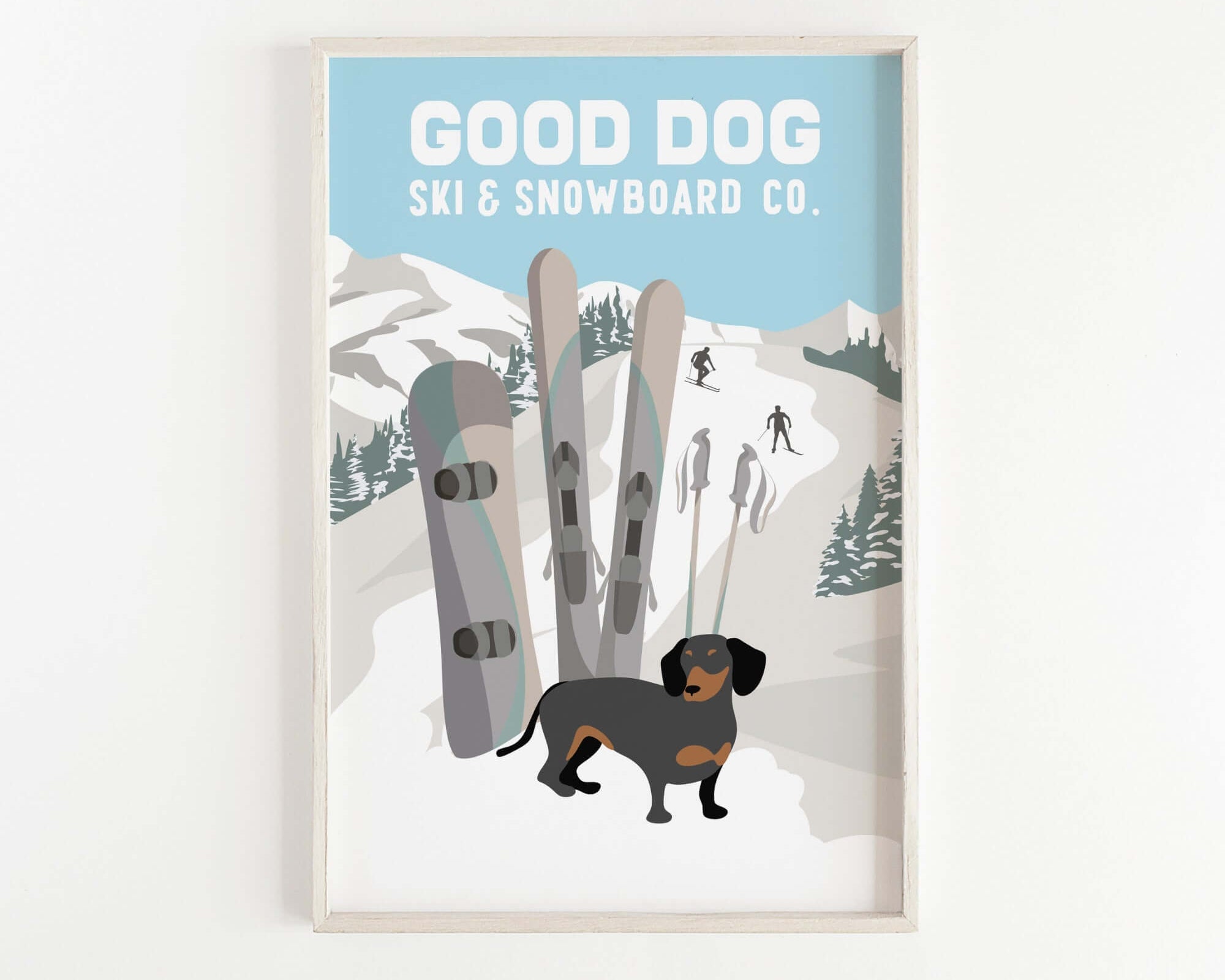 a picture of a dog standing in front of a snowboard