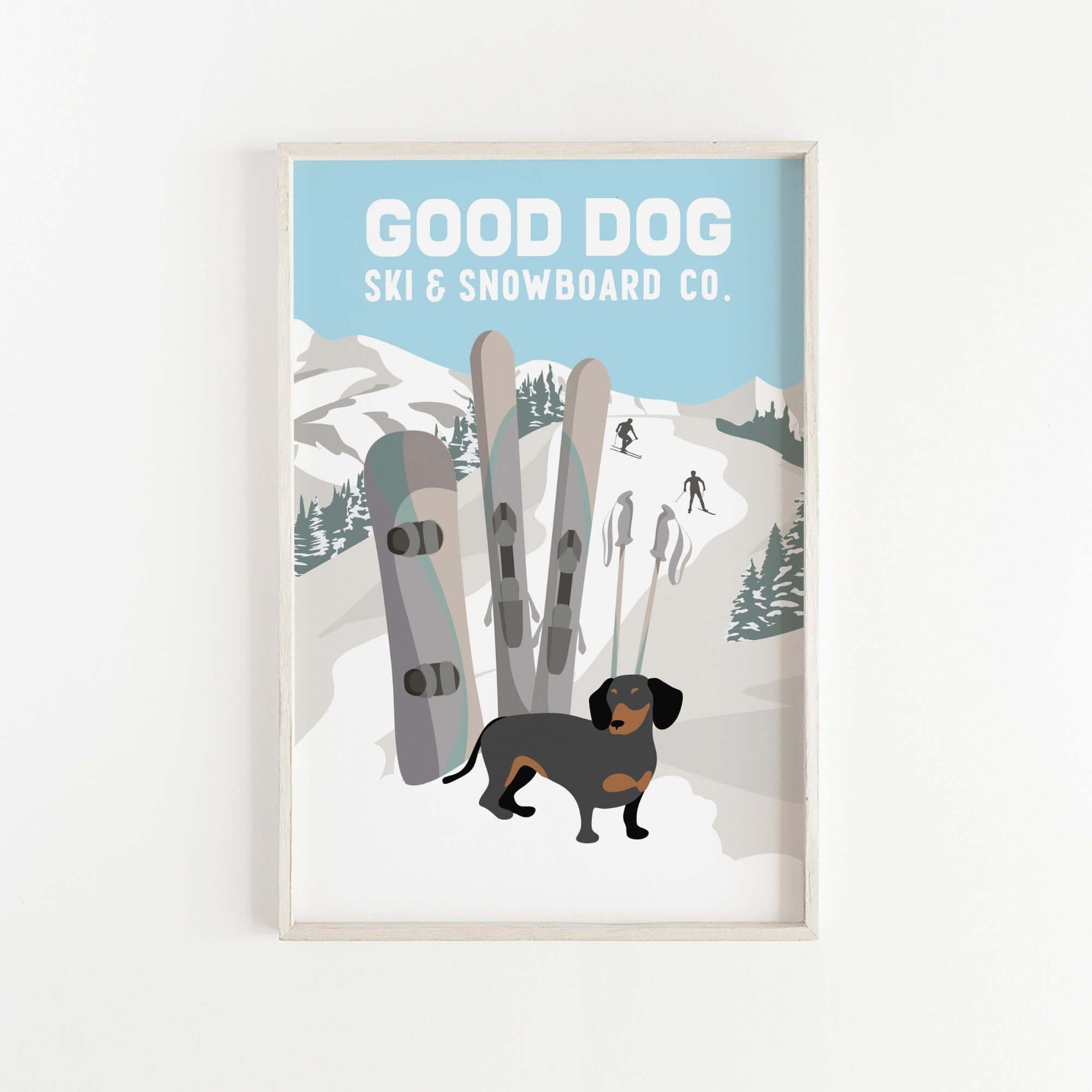 a picture of a dog standing in front of a snowboard