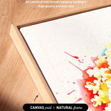 a vibrant, colorful painting of flowers, with a wooden frame surrounding it. The text indicates that the artwork wraps around the sides of the canvas, and that all canvas prints include hanging hardware and high-quality archival inks.