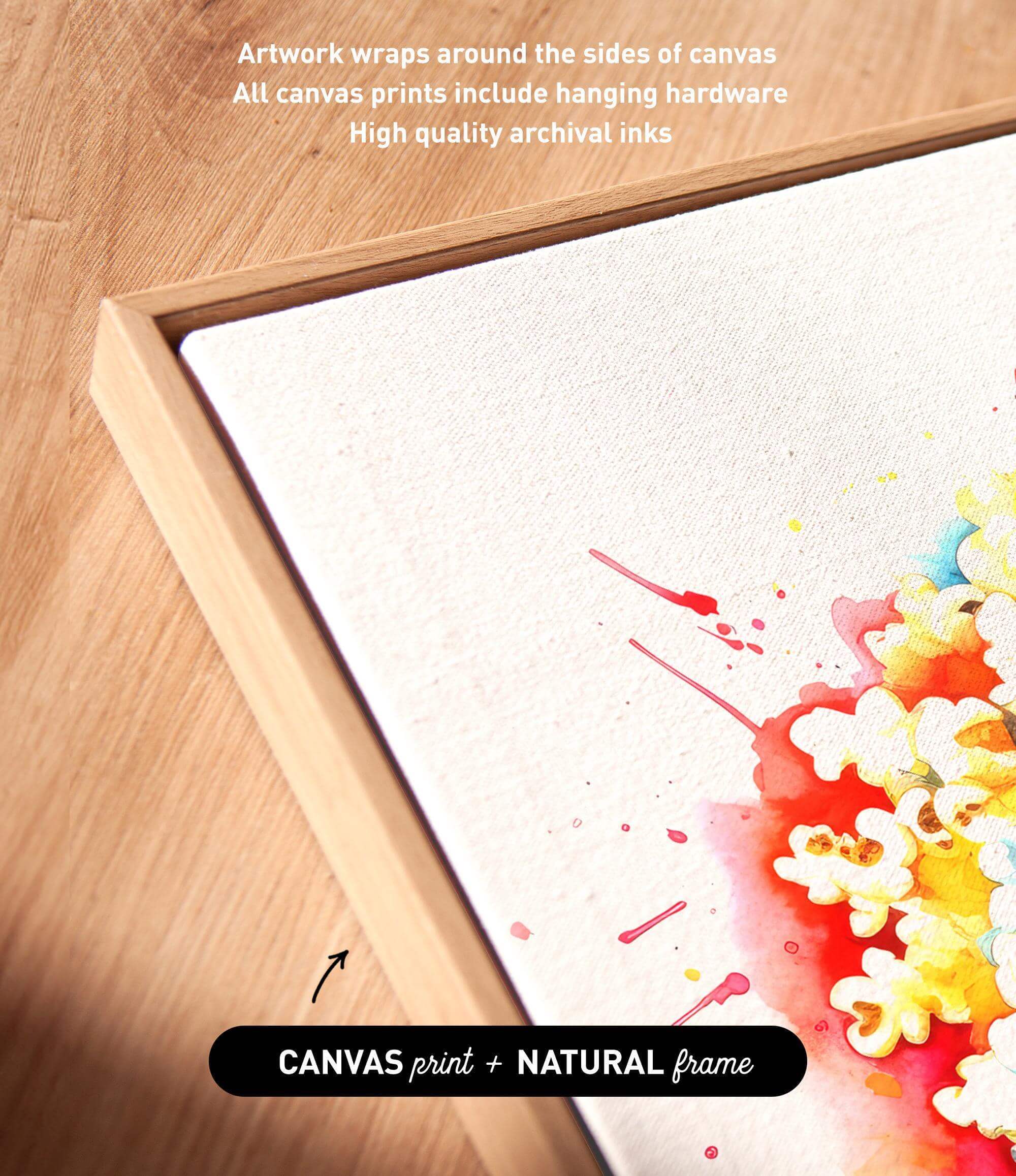a vibrant, colorful painting of flowers, with a wooden frame surrounding it. The text indicates that the artwork wraps around the sides of the canvas, and that all canvas prints include hanging hardware and high-quality archival inks.