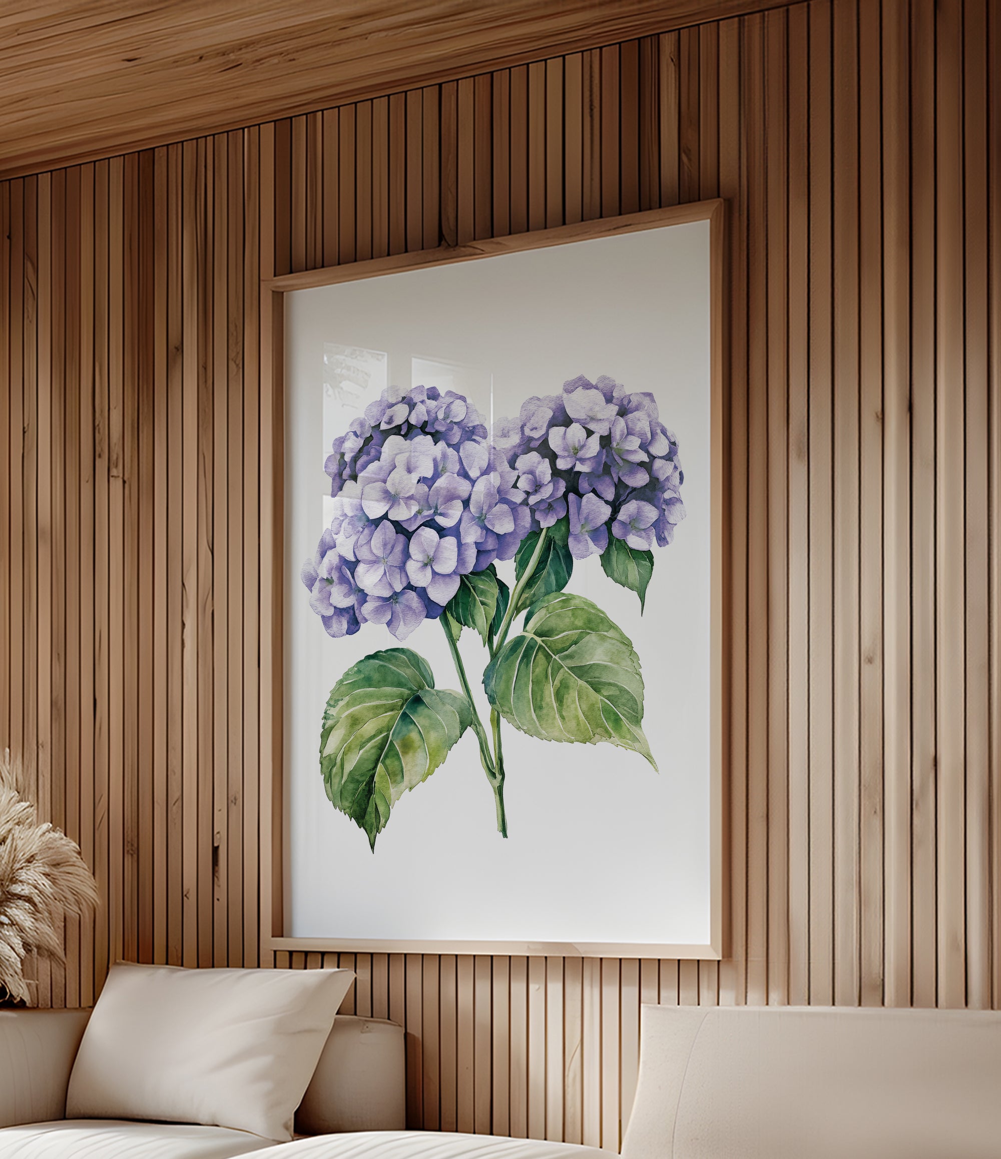 a large framed painting of purple hydrangeas hanging on a wooden wall.