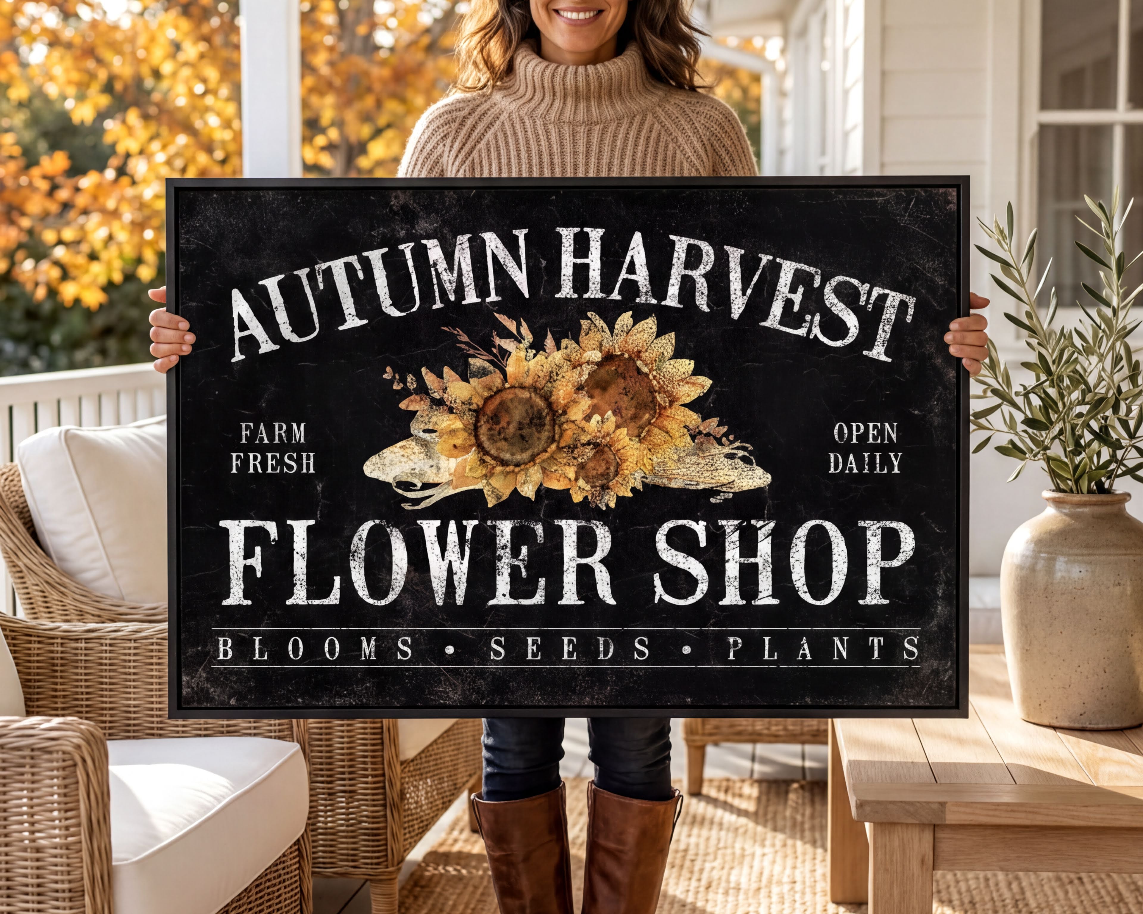A woman is holding a large sign that reads "Autumn Harvest Flower Shop" with a floral design.