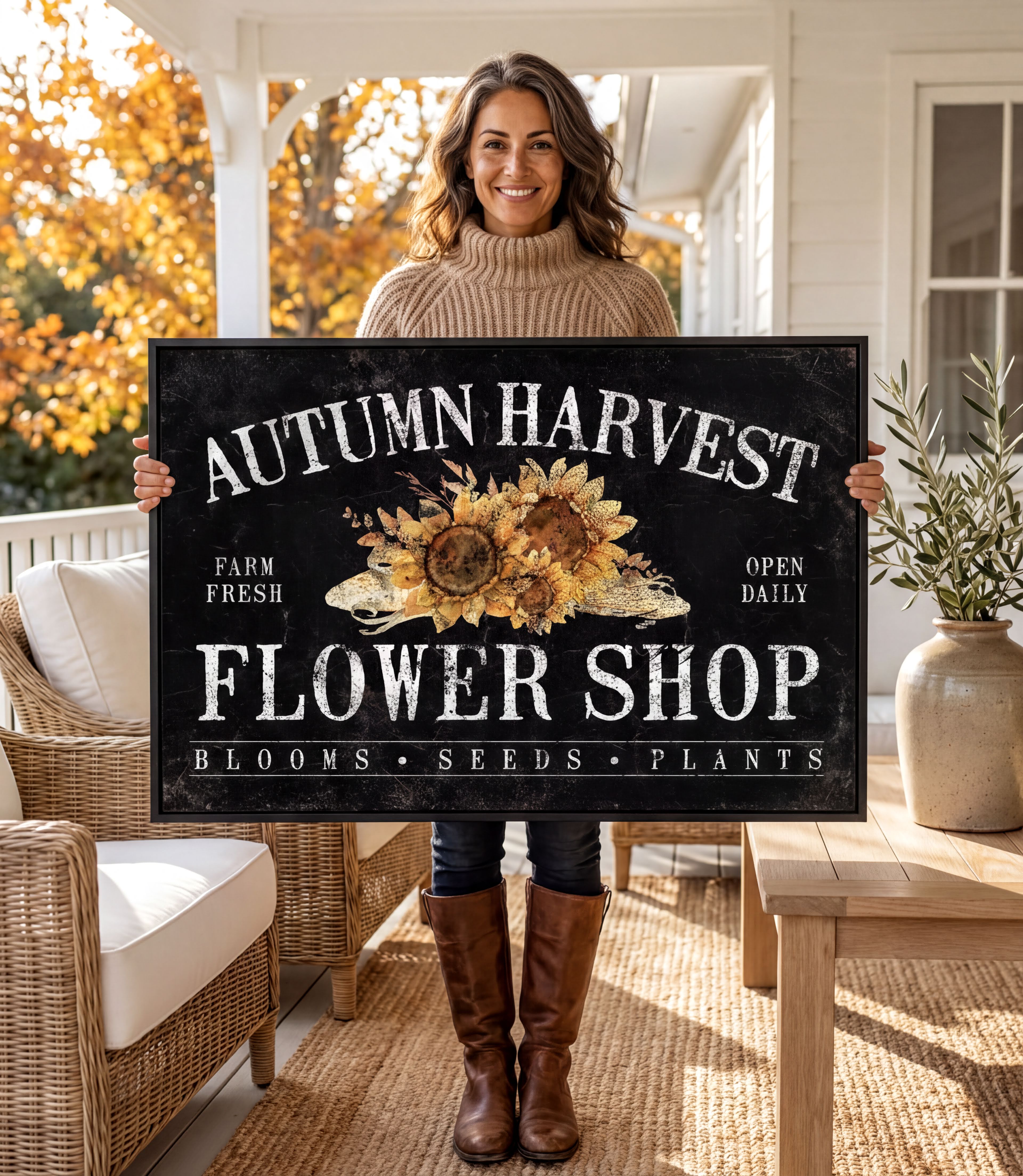 A woman is holding a large sign that reads "Autumn Harvest Flower Shop" with a floral design.