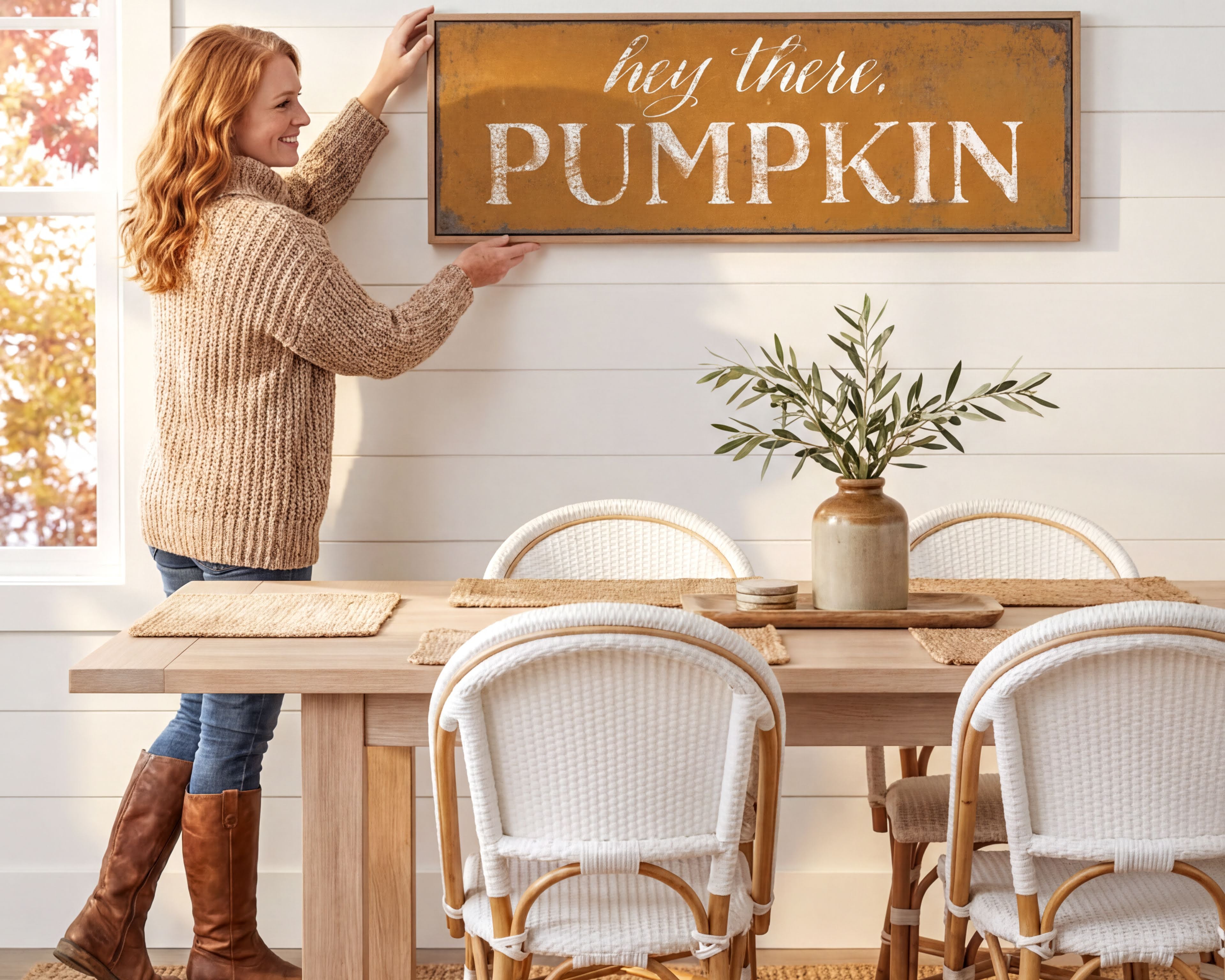 A woman hangs a framed sign on a wall above a wooden dining table with white chairs.
