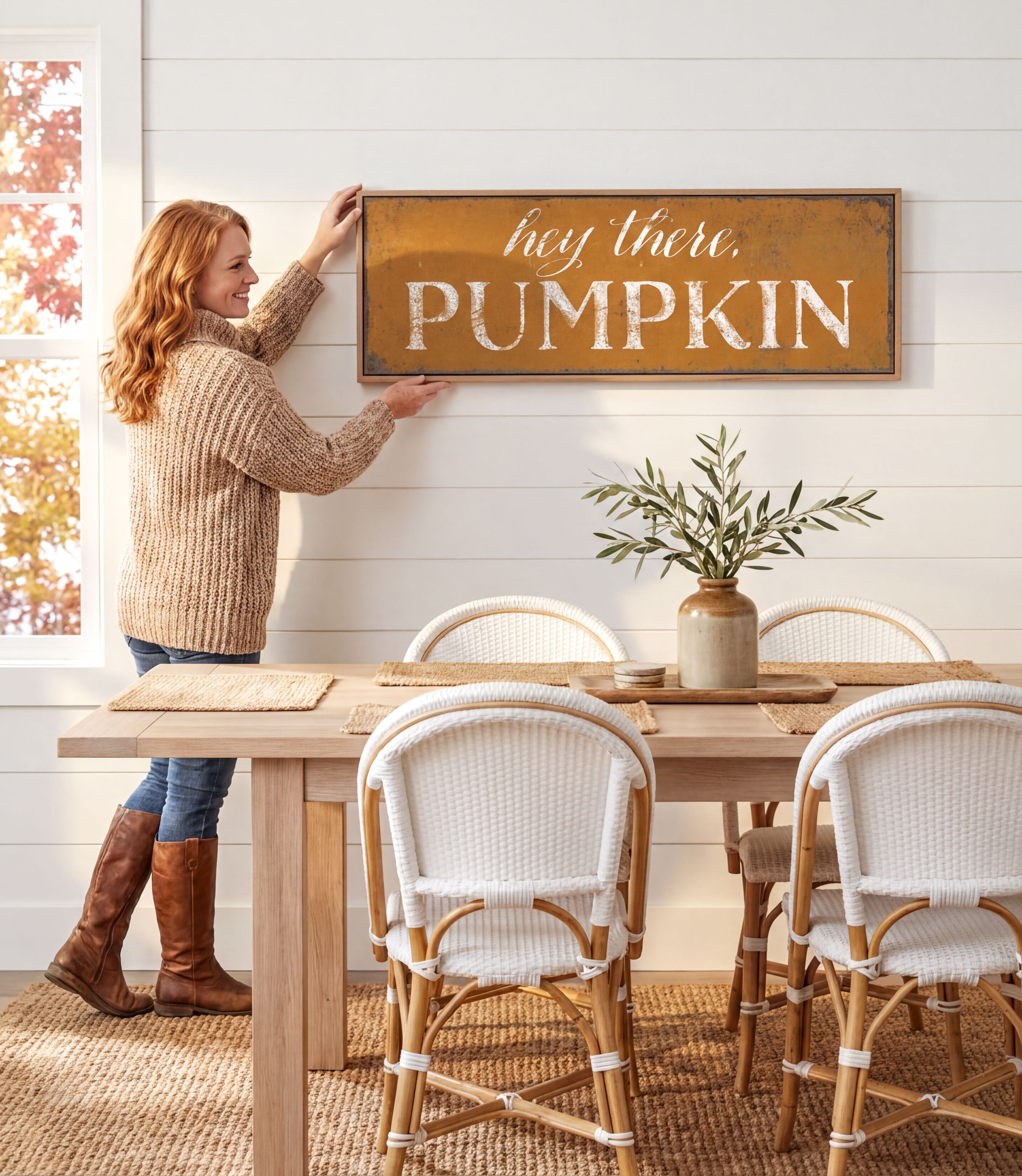 A woman hangs a framed sign on a wall above a wooden dining table with white chairs.