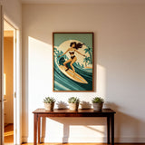 a wooden table with three potted plants on it, and a framed illustration of a woman surfing on a wave hanging on the wall above the table.