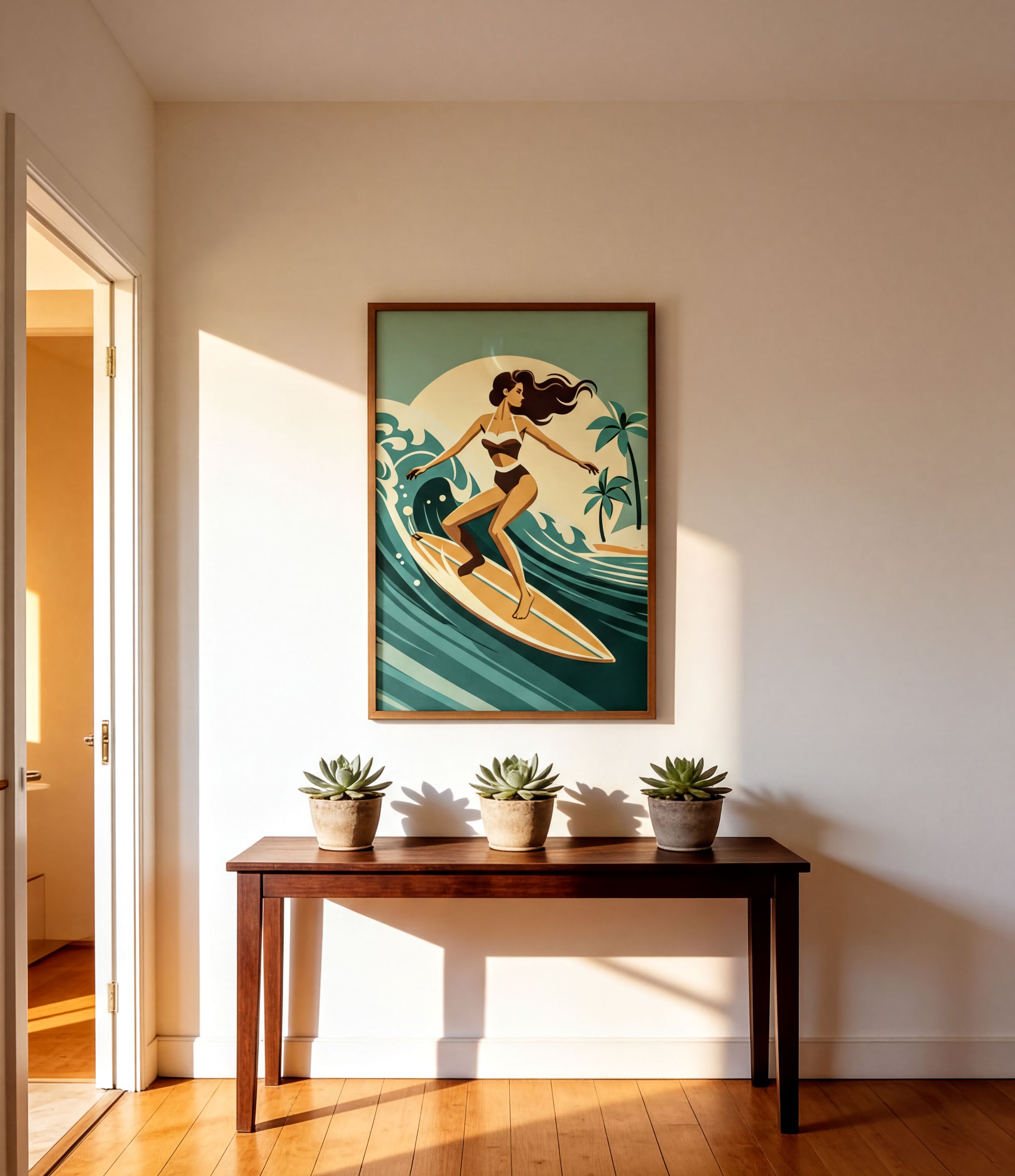 a wooden table with three potted plants on it, and a framed illustration of a woman surfing on a wave hanging on the wall above the table.