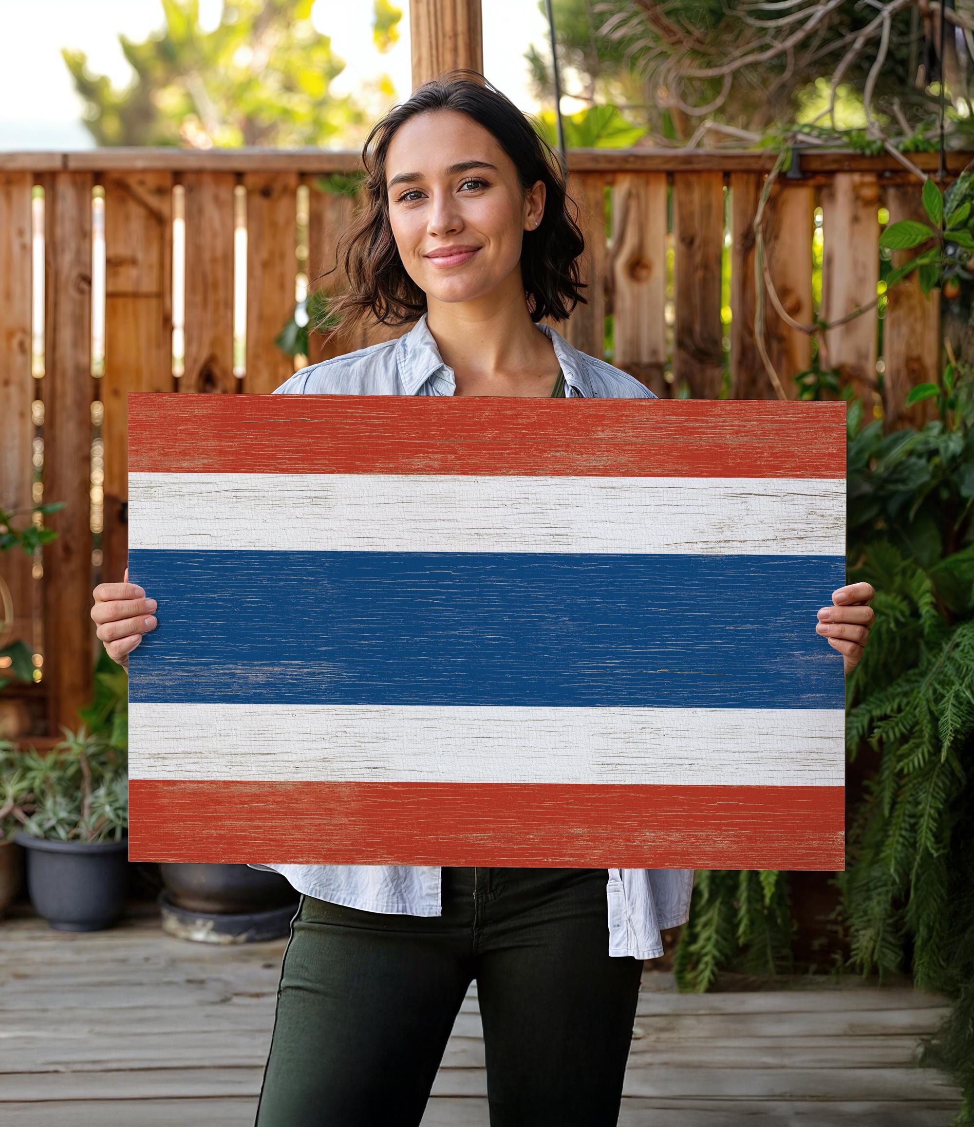 a woman holding a wooden sign with the flag of thailand