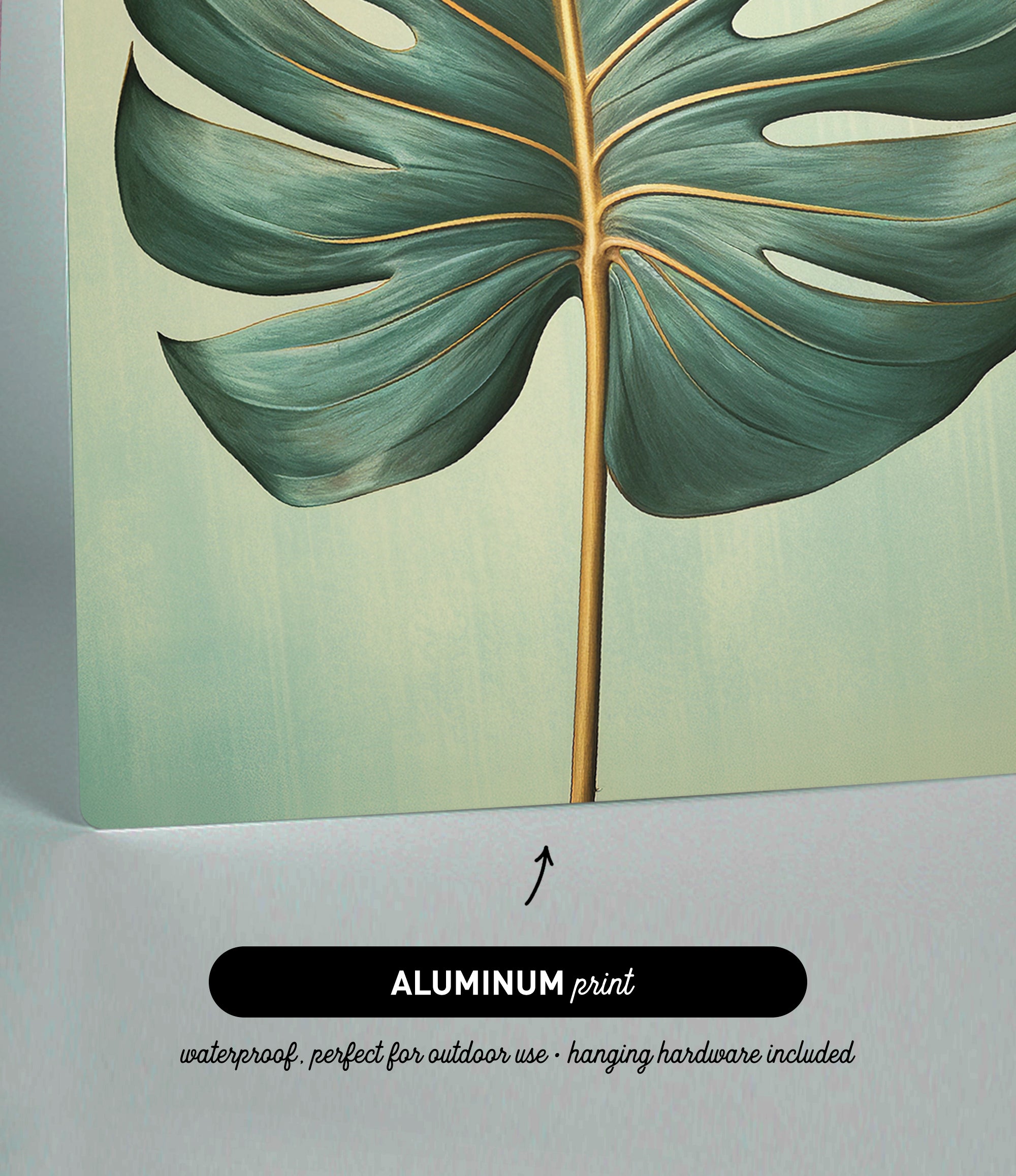 The image is an aluminum print featuring a close-up of a large green leaf with a gold stem.