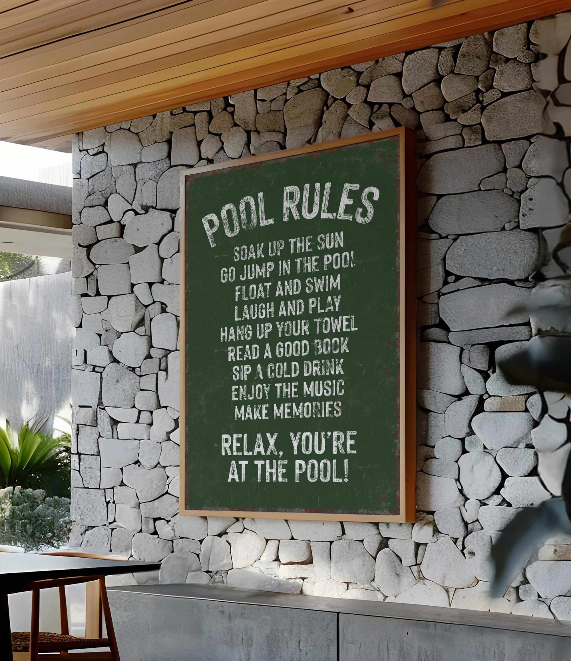 a sign on a stone wall in a restaurant