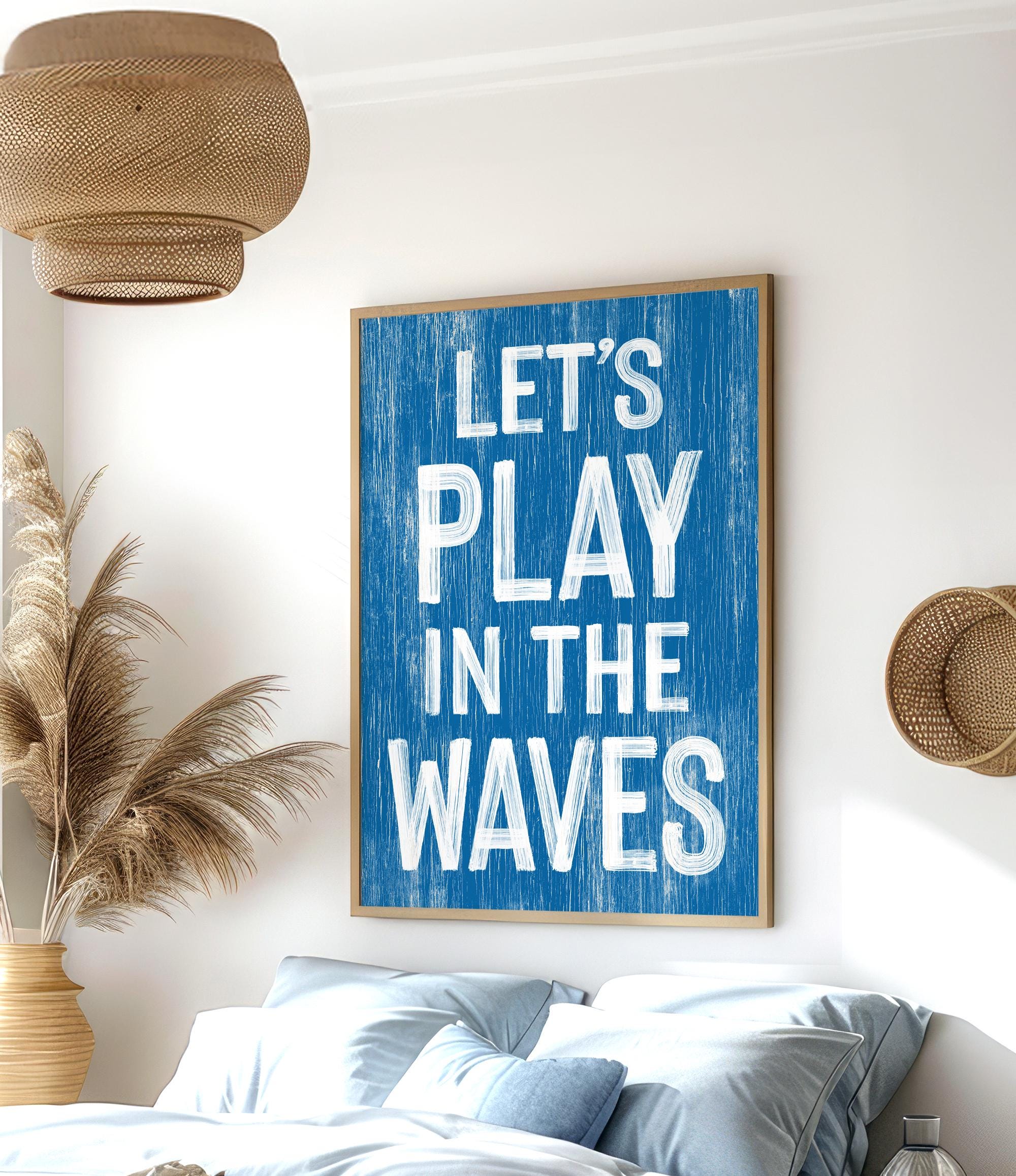 a bedroom with a bed and a blue sign on the wall