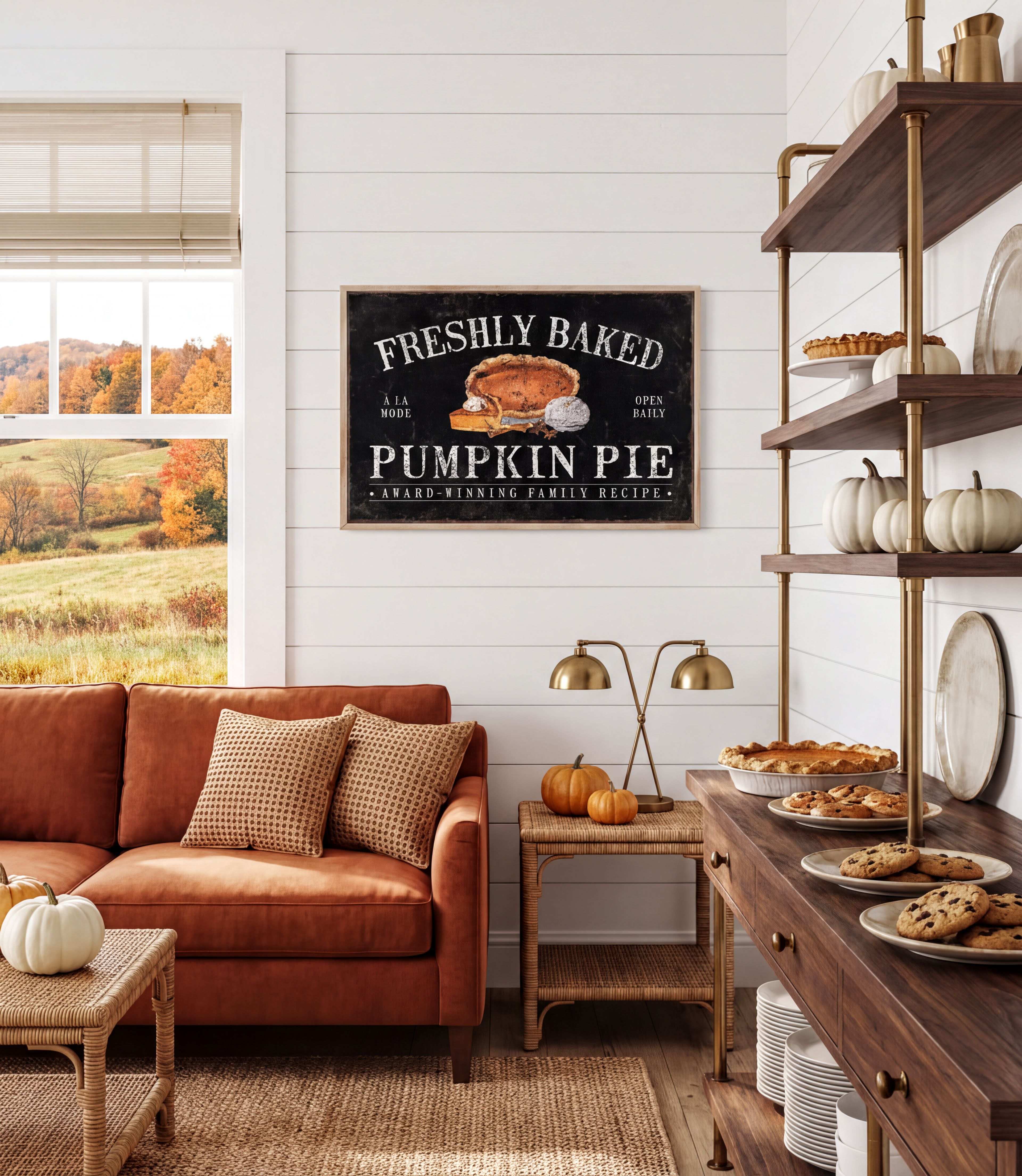 a cozy living room with a large window overlooking a picturesque autumn landscape. The room is decorated with a rustic wooden coffee table, a comfortable sofa, and a wooden side table with a lamp. A framed sign on the wall announces "Freshly Baked Pumpkin Pie", and the room is filled with various baked goods, including pies and cookies, suggesting a festive atmosphere.