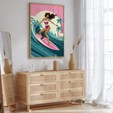 a woman surfing on a pink surfboard, with palm trees and a sunset in the background.