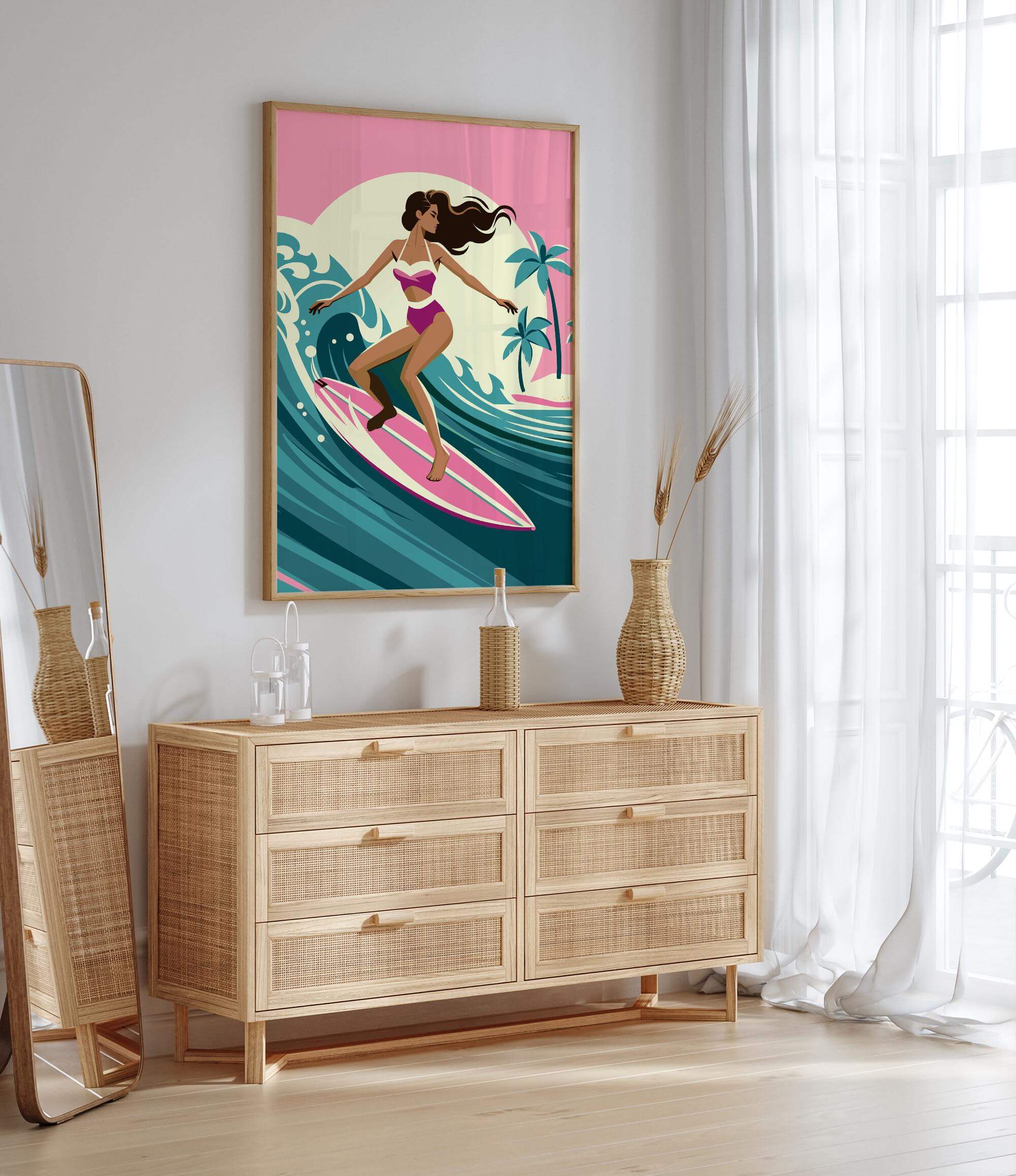 a woman surfing on a pink surfboard, with palm trees and a sunset in the background.
