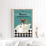 A framed poster of a boxer dog sitting in a bathtub, surrounded by bubbles, with a vintage-style design.
