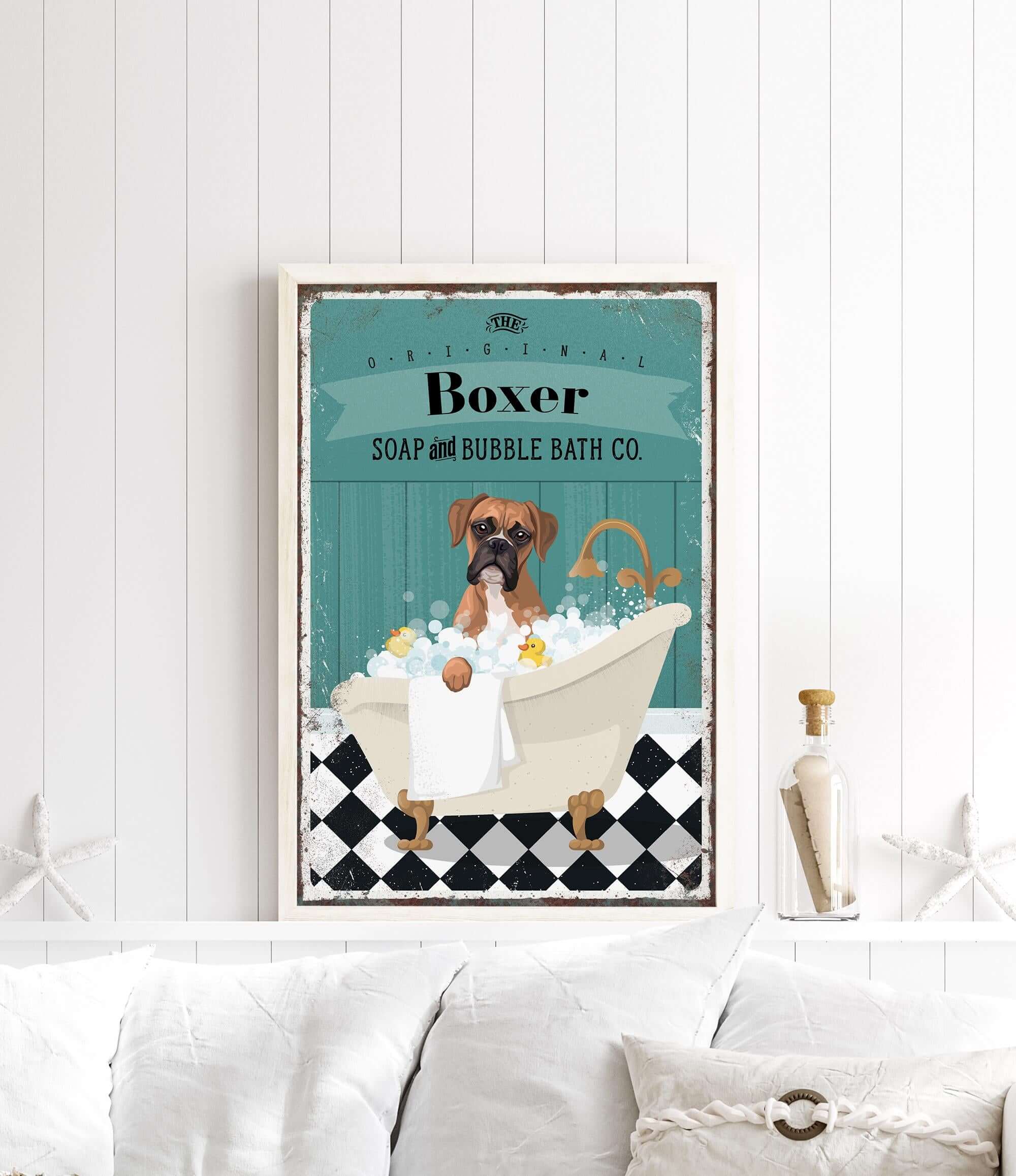 A framed poster of a boxer dog sitting in a bathtub, surrounded by bubbles, with a vintage-style design.