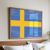 a bed with white pillows and a painting on the wall
