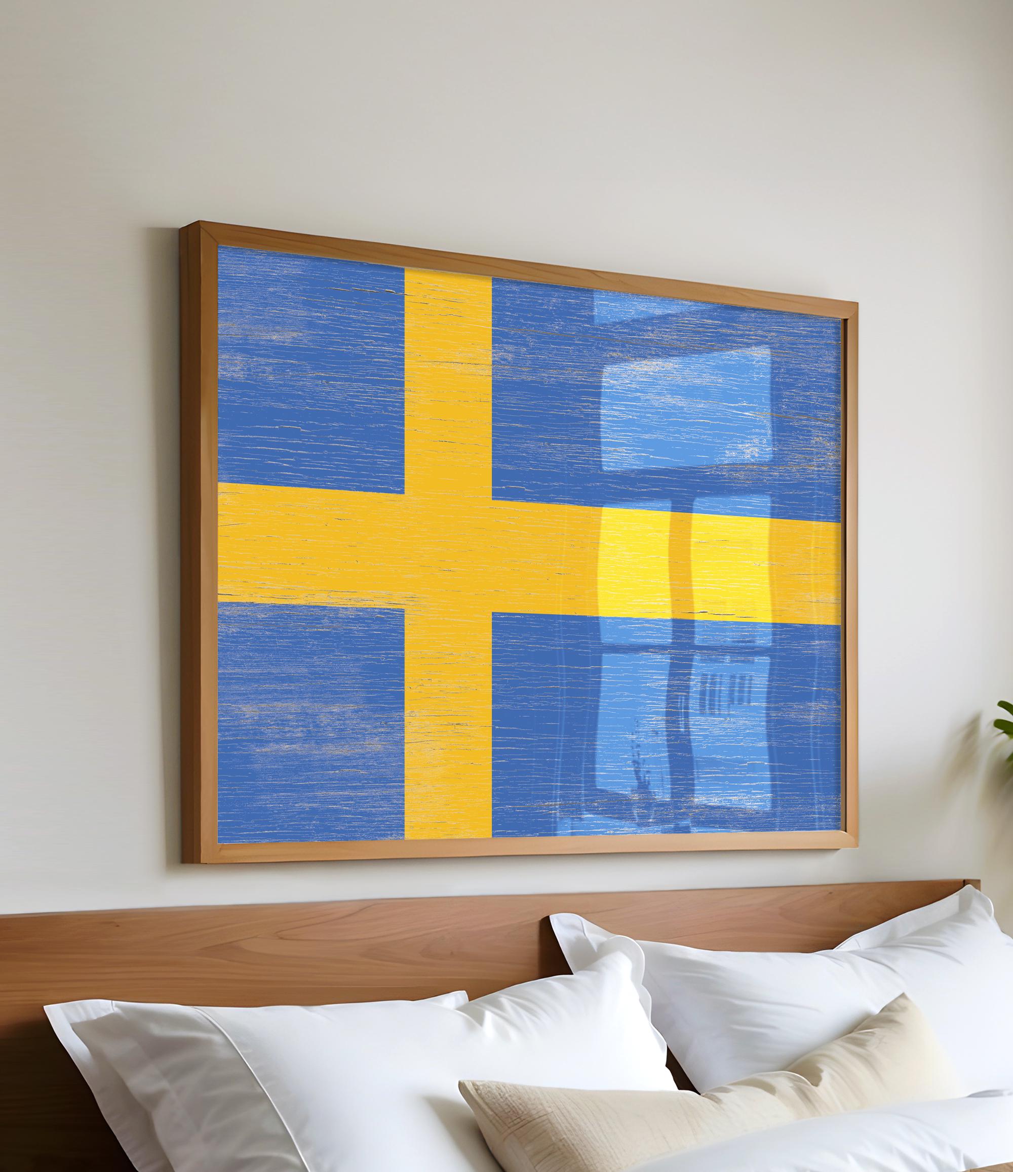a bed with white pillows and a painting on the wall