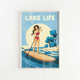 A woman in a red swimsuit is paddleboarding on a blue ocean, with a yellow sun and blue trees in the background.
