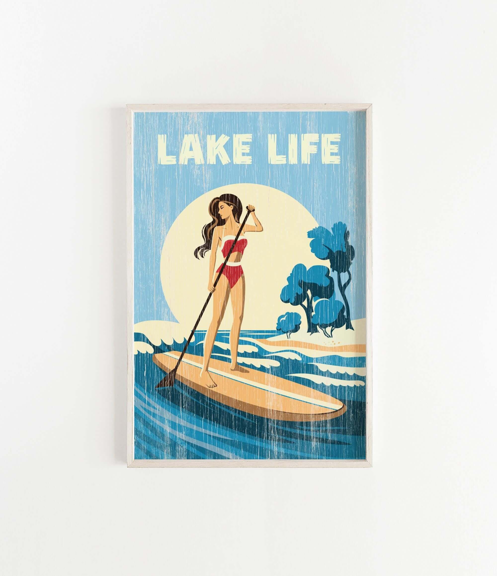 A woman in a red swimsuit is paddleboarding on a blue ocean, with a yellow sun and blue trees in the background.