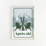 A framed print featuring a pair of green Adirondack chairs with skis and ski poles, set against a snowy mountain backdrop.