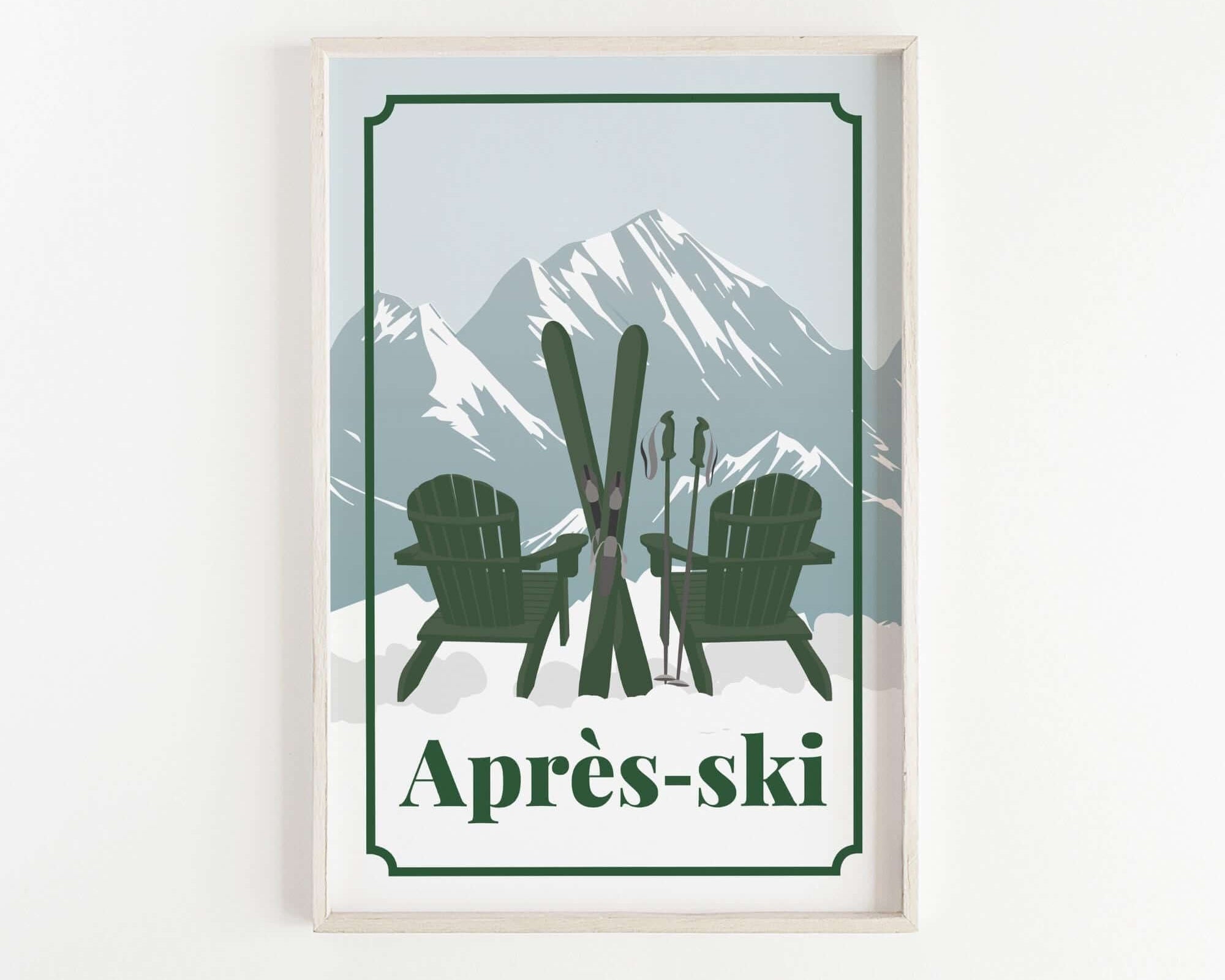 A framed print featuring a pair of green Adirondack chairs with skis and ski poles, set against a snowy mountain backdrop.
