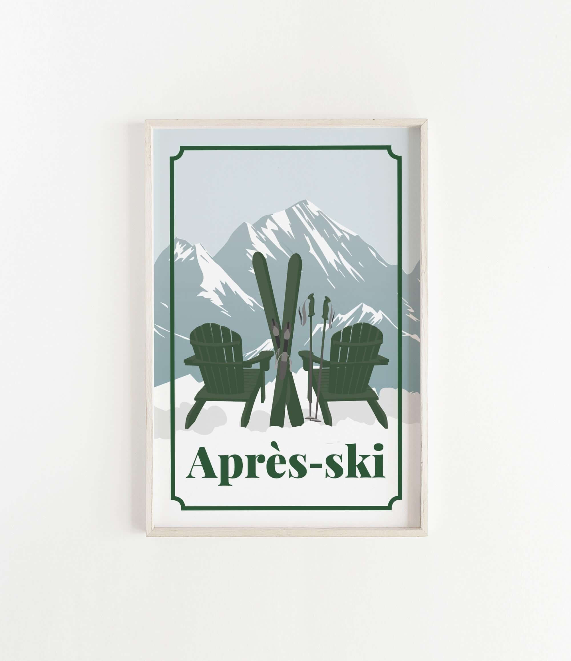A framed print featuring a pair of green Adirondack chairs with skis and ski poles, set against a snowy mountain backdrop.