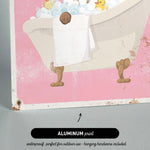 The image is an illustration of a bathtub filled with bubbles, featuring a dog sitting in it.