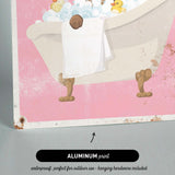 The image is an illustration of a bathtub filled with bubbles, featuring a dog sitting in it.