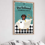 a poster of a dog taking a bath in a bathtub