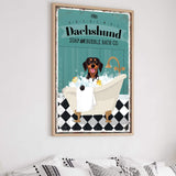 a poster of a dog taking a bath in a bathtub