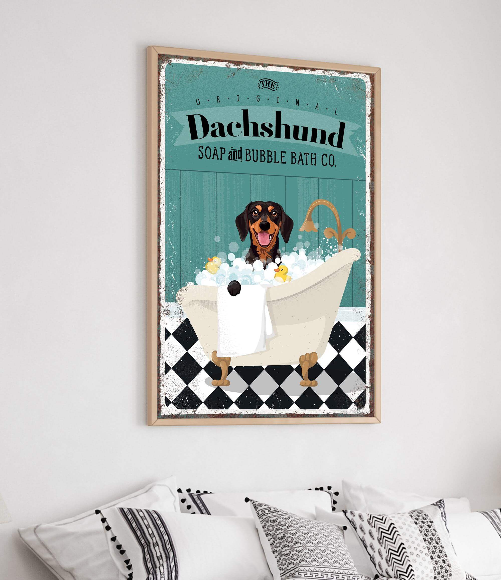 a poster of a dog taking a bath in a bathtub
