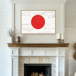 a living room with a fire place and a painting on the wall
