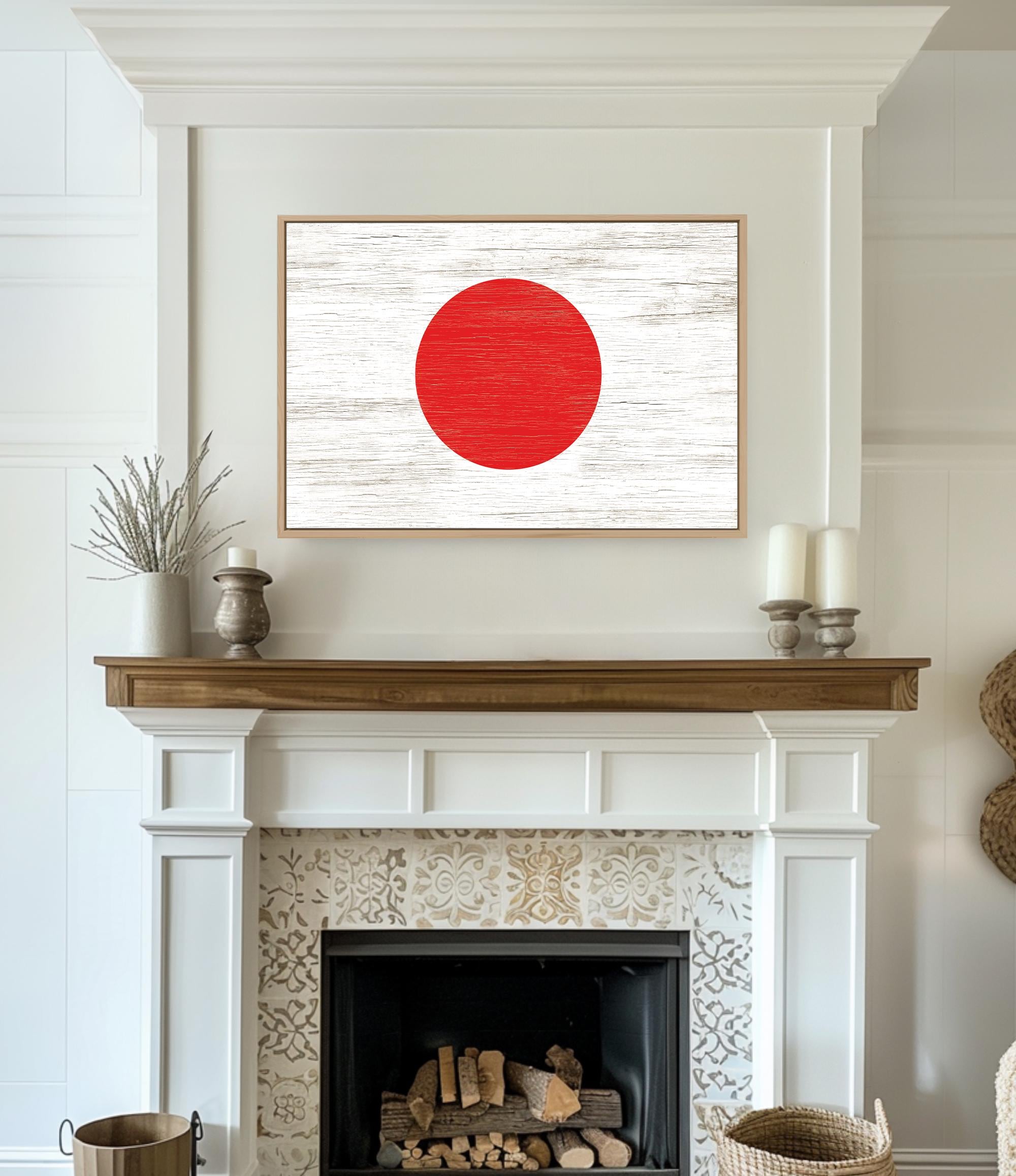 a living room with a fire place and a painting on the wall