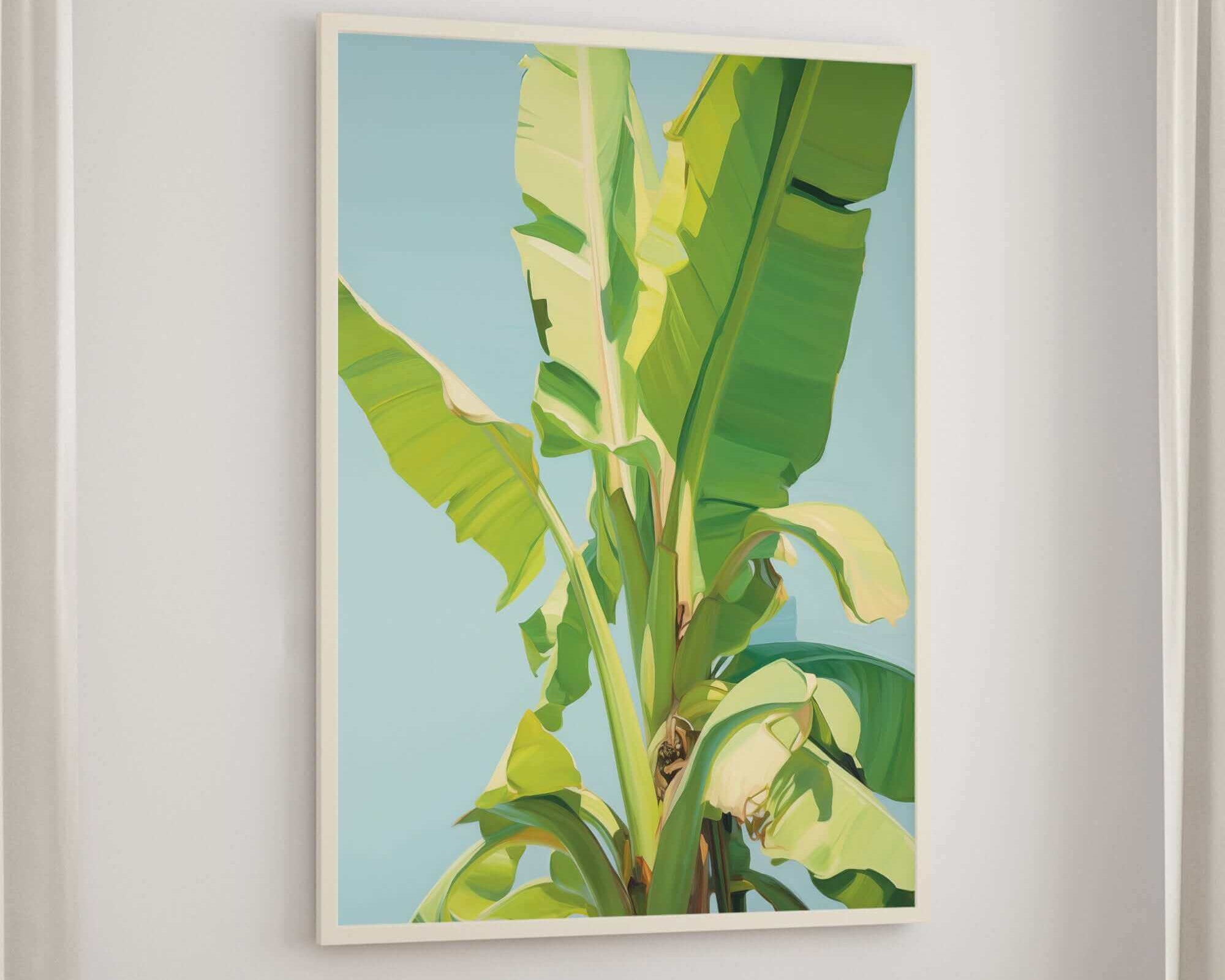 a large, vibrant painting of a banana tree hanging on a wall.