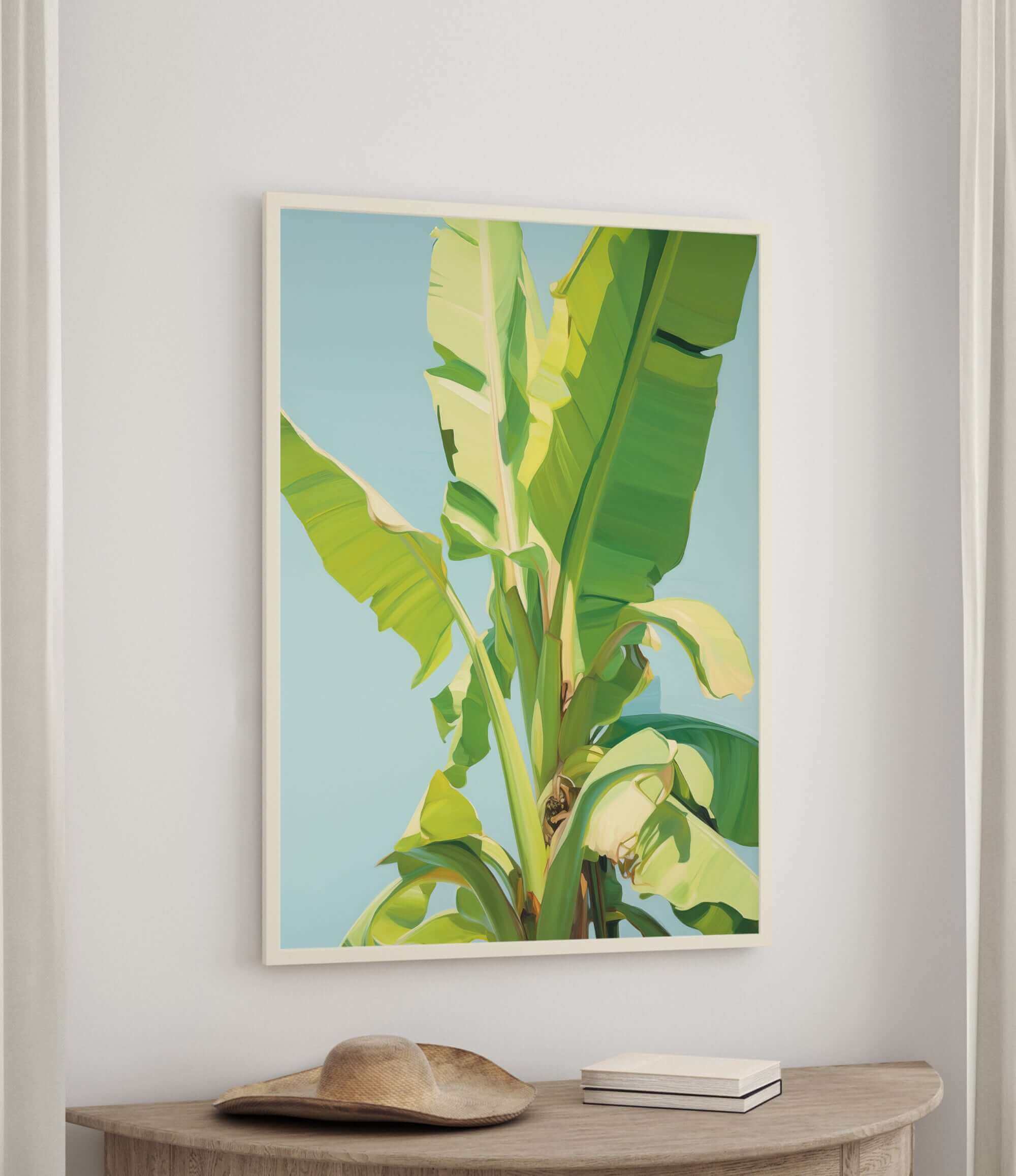 a large, vibrant painting of a banana tree hanging on a wall.