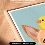 a vibrant illustration of a yellow duck and a brown rabbit, with the duck peeking out from behind the rabbit's head. The artwork is framed in a natural frame, and the text indicates that the artwork wraps around the sides of the canvas, and all canvas prints include hanging hardware for high-quality archival inks.