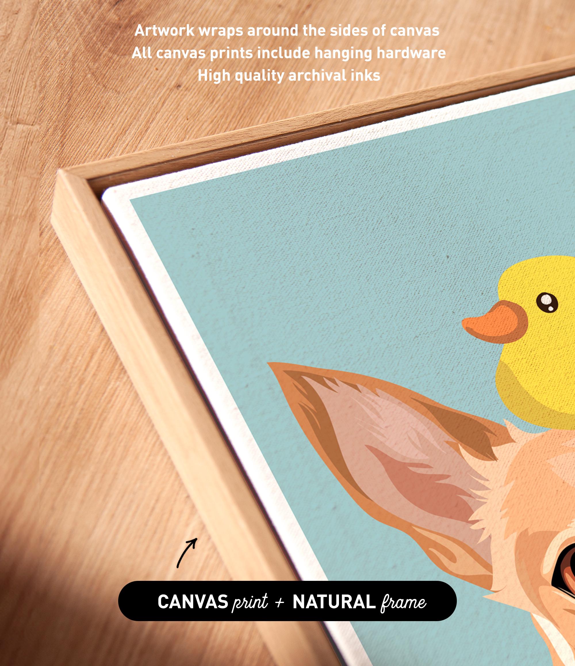 a vibrant illustration of a yellow duck and a brown rabbit, with the duck peeking out from behind the rabbit's head. The artwork is framed in a natural frame, and the text indicates that the artwork wraps around the sides of the canvas, and all canvas prints include hanging hardware for high-quality archival inks.