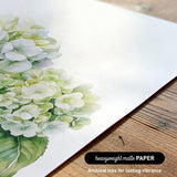 a close-up view of a watercolor painting of a cluster of white hydrangea flowers on a white background.