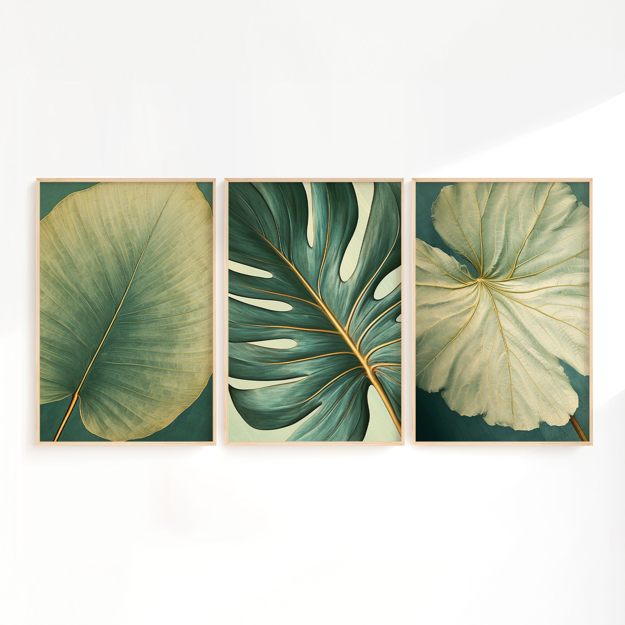 three framed prints of large, vibrant leaves in various shades of green, arranged in a row on a white wall.