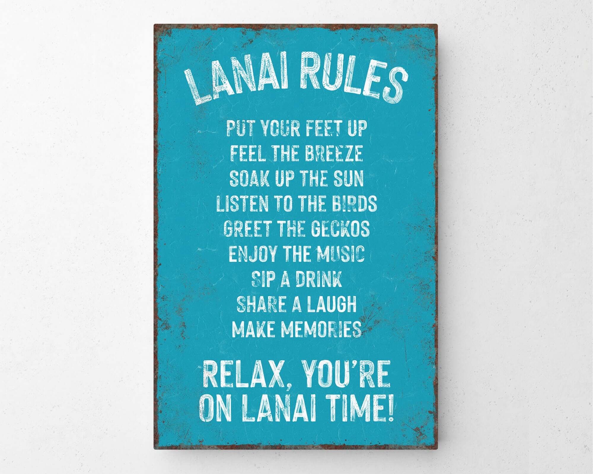 a blue sign that says lanai rules on it