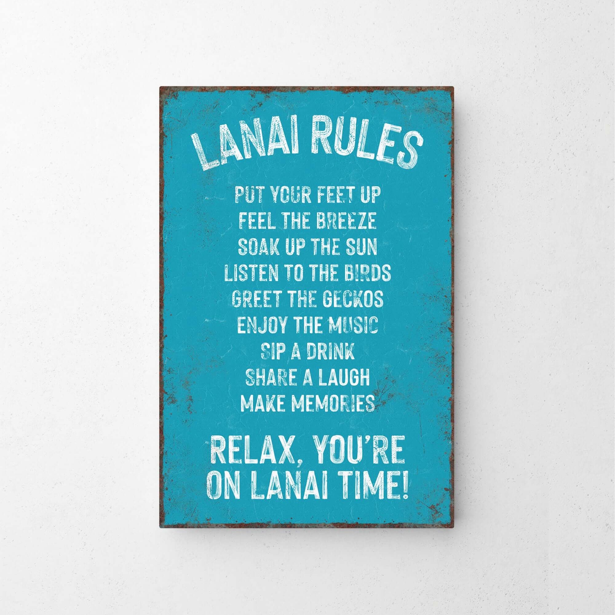 a blue sign that says lanai rules on it