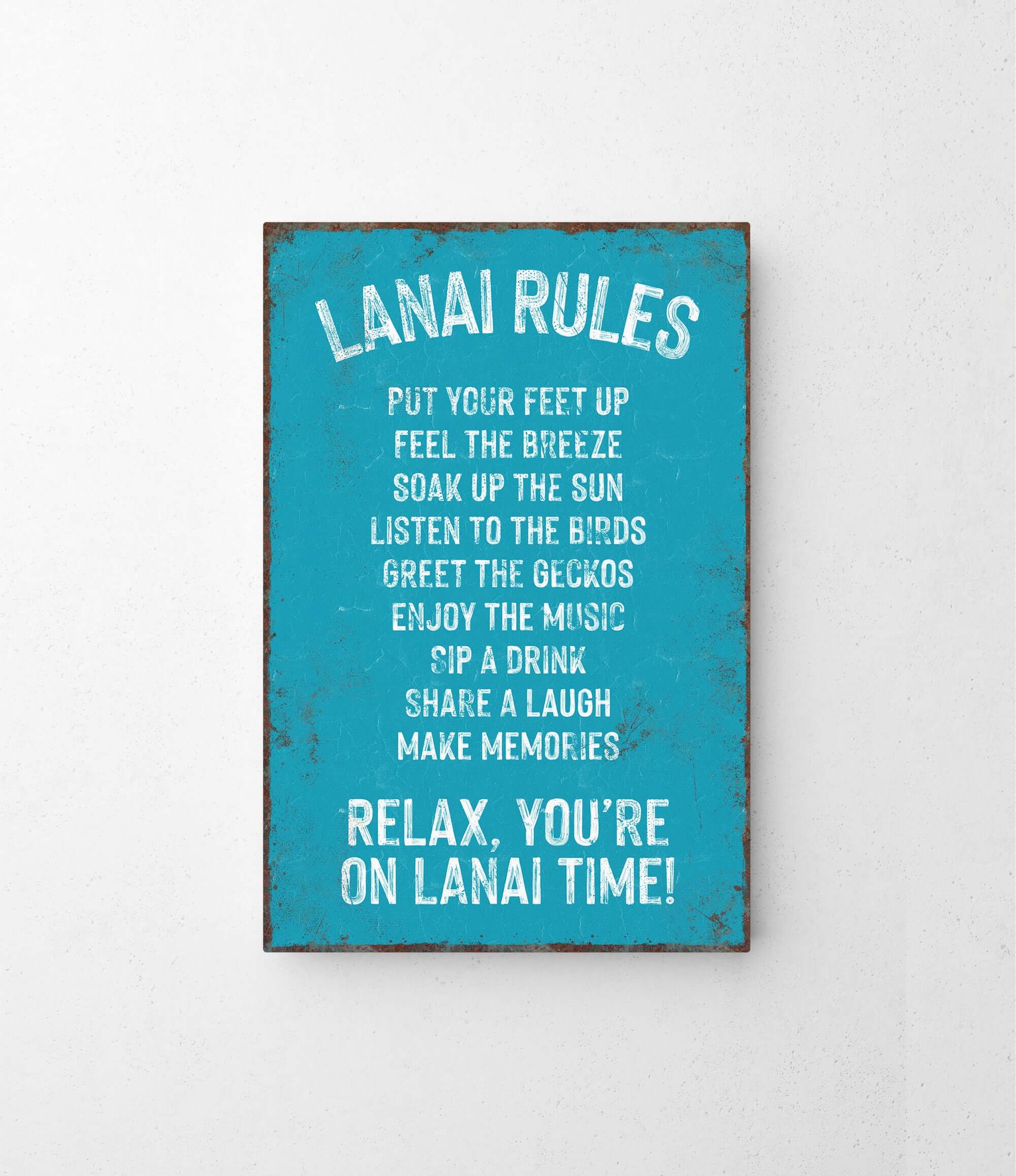 a blue sign that says lanai rules on it