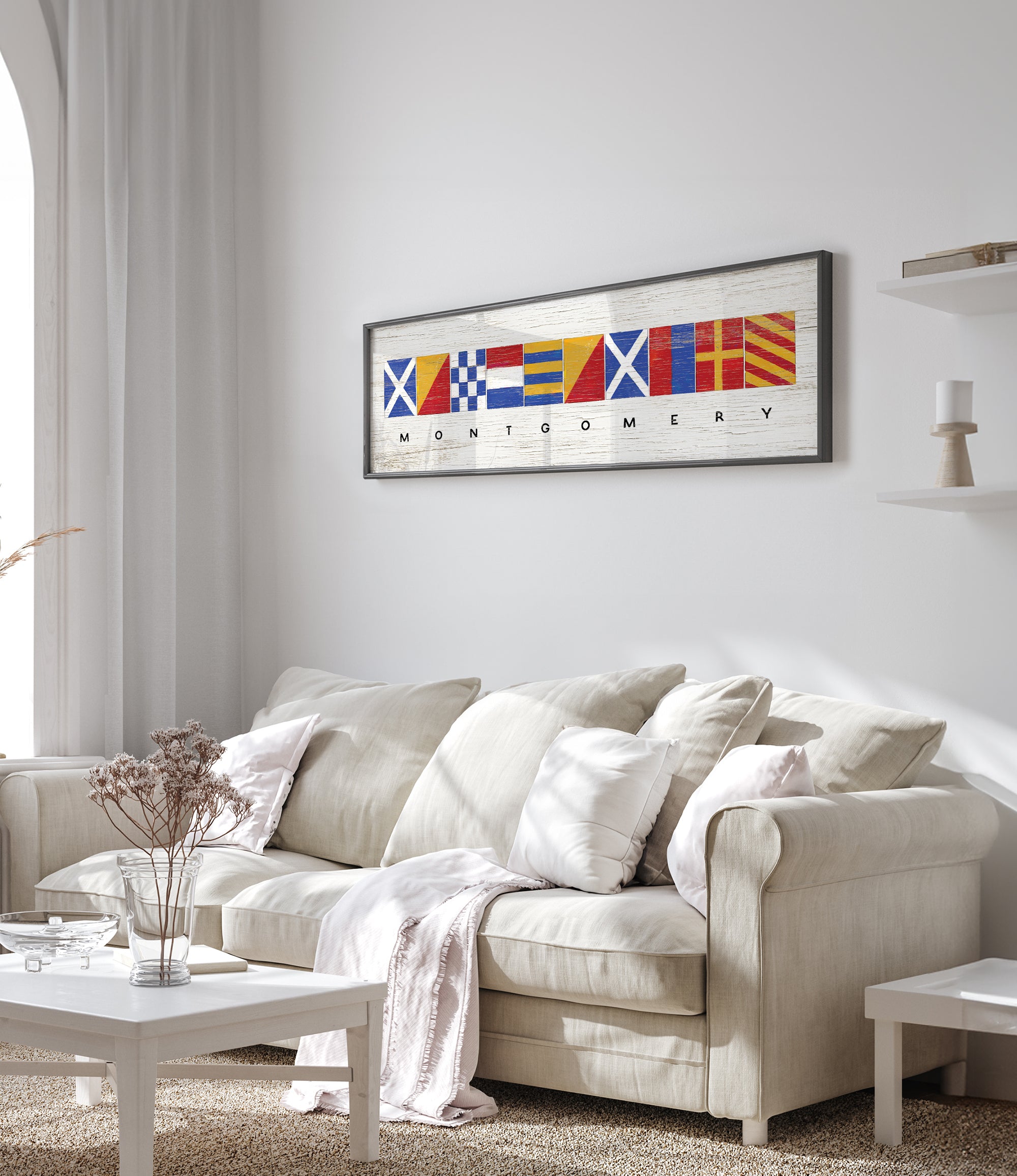 a living room with a white couch and a coffee table